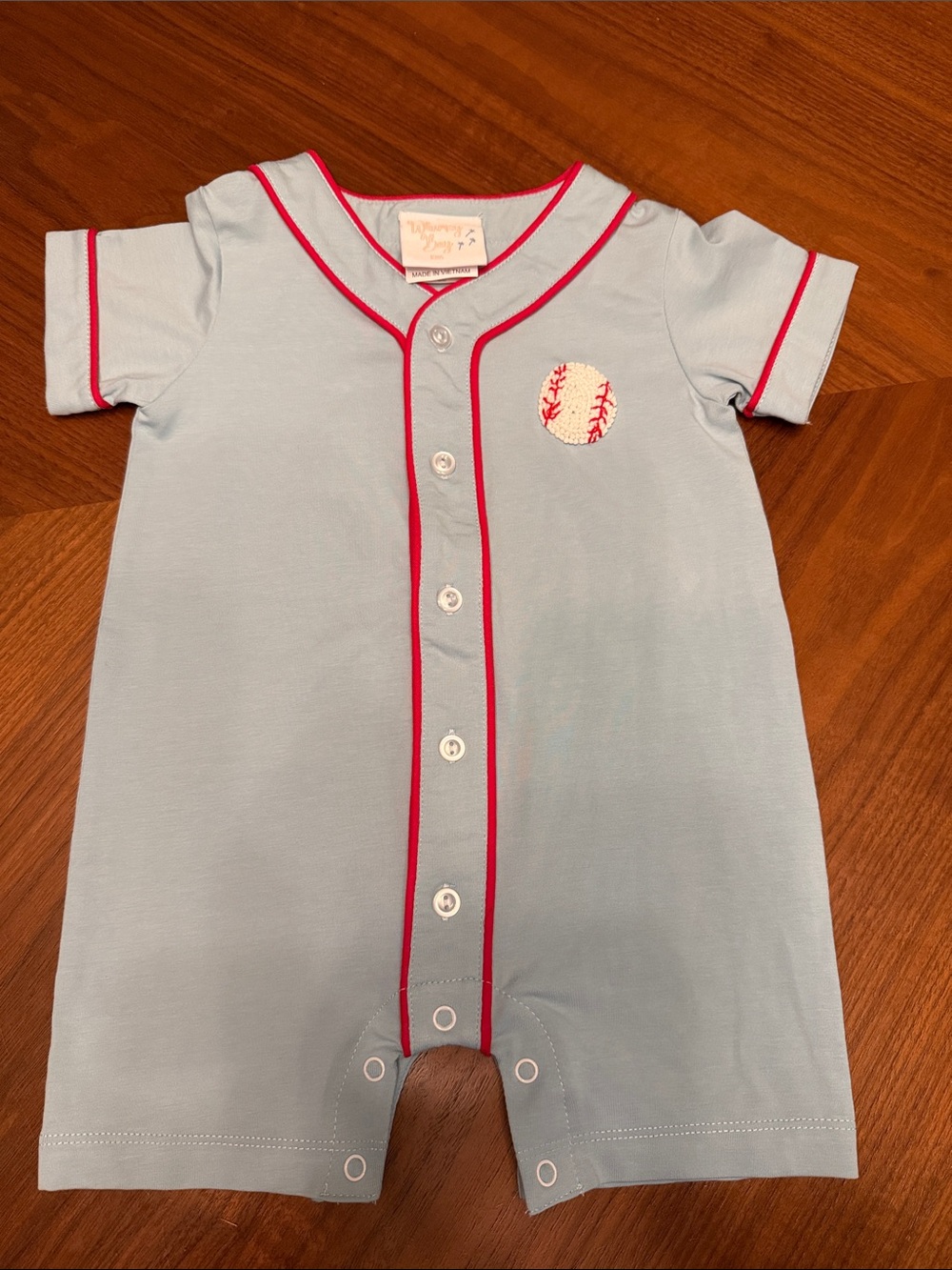 Baby Blue Baseball-Embroidered One-Piece with Red Trim
